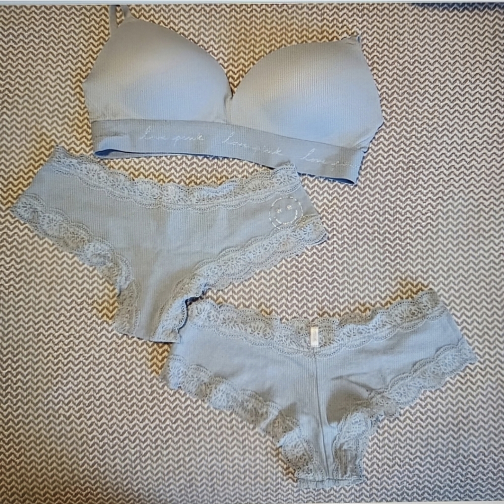 Victoria's Secret Blue Lace Bra & Two Panties